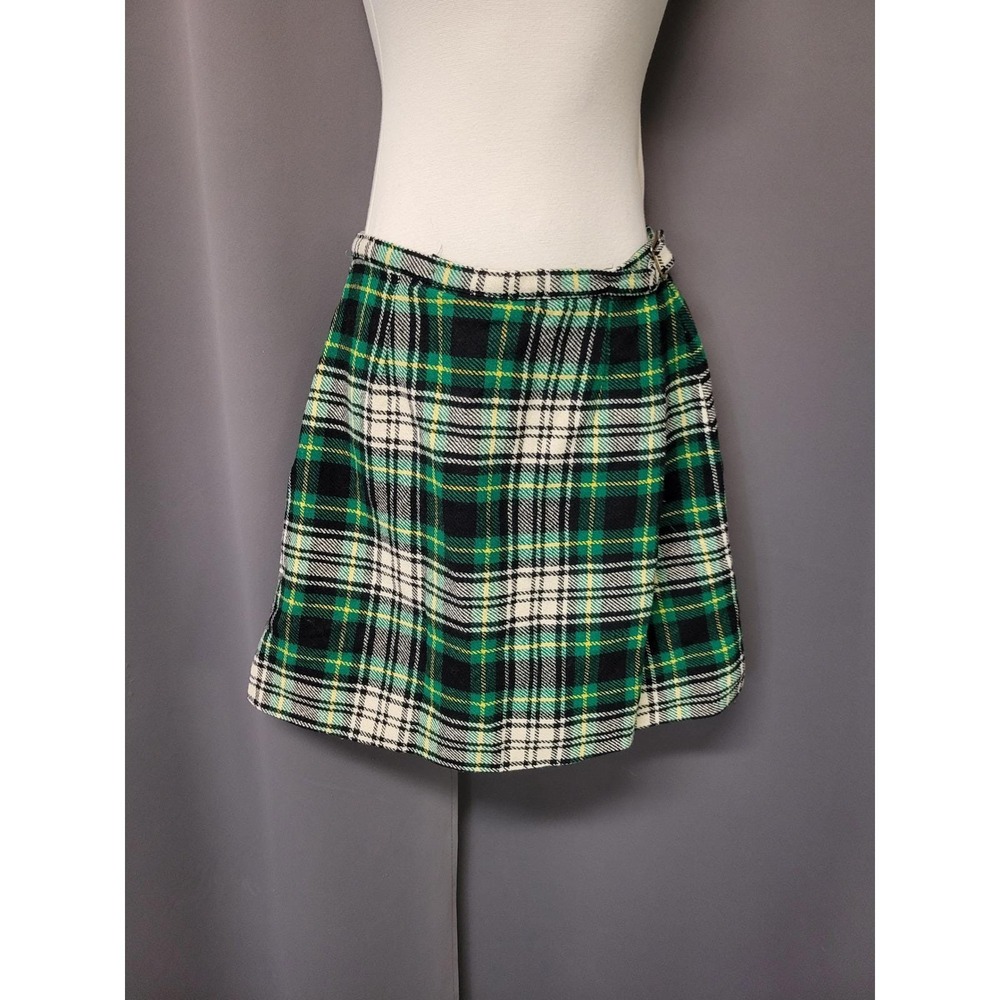 Vintage 70s Russ Skort Green Plaid Tartan Wrap Front Union Made ILGWU Small